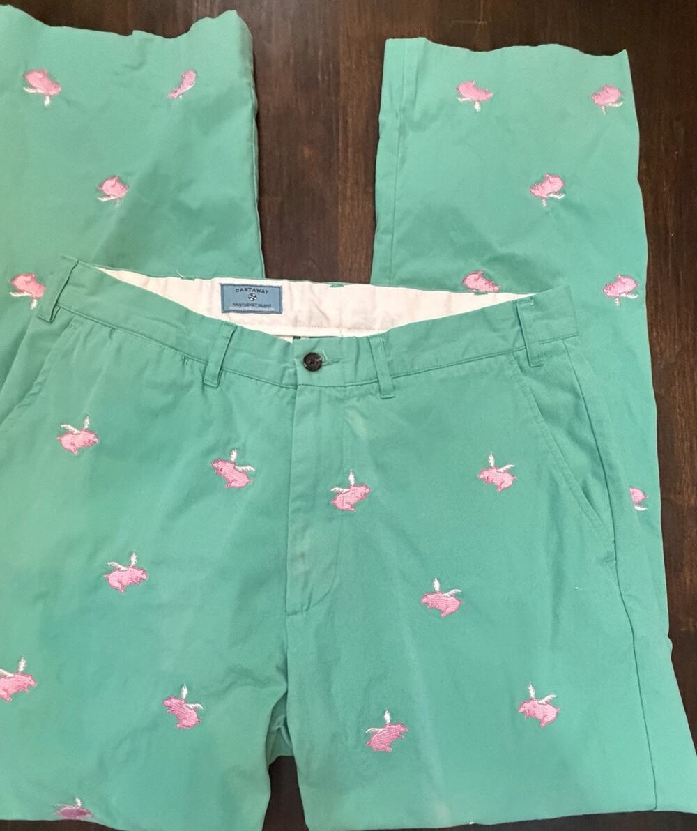 Men Castaway Nantucket Pants 34/32 Embroidered Light Teal Flying Pigs All Over